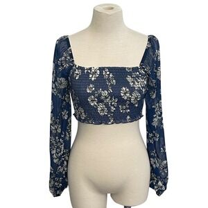 Shore Floral Long Sleeve Smocked Crop Top Square‎ Neck Made in USA